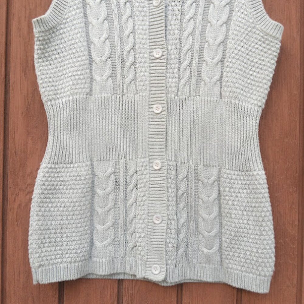 Pendleton | Grey Cable Knit Button Up Sweater Ves… - image 3